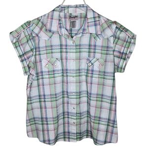 Wrangler Wrancher Western Plaid Pearl Snap Short Sleeve Shirt Size XL